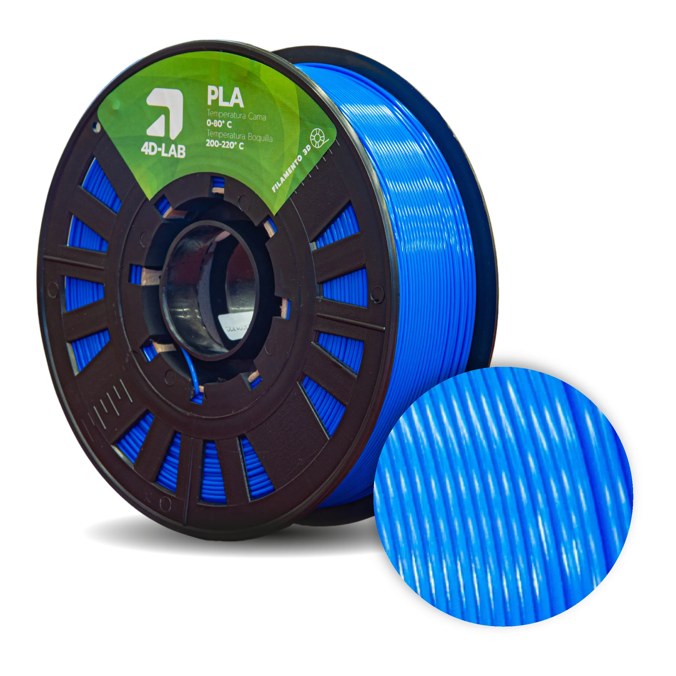 Carrete de PLA color azul rey vibrante de 4DLAB, diseñado para prototipos industriales y piezas de ensamble