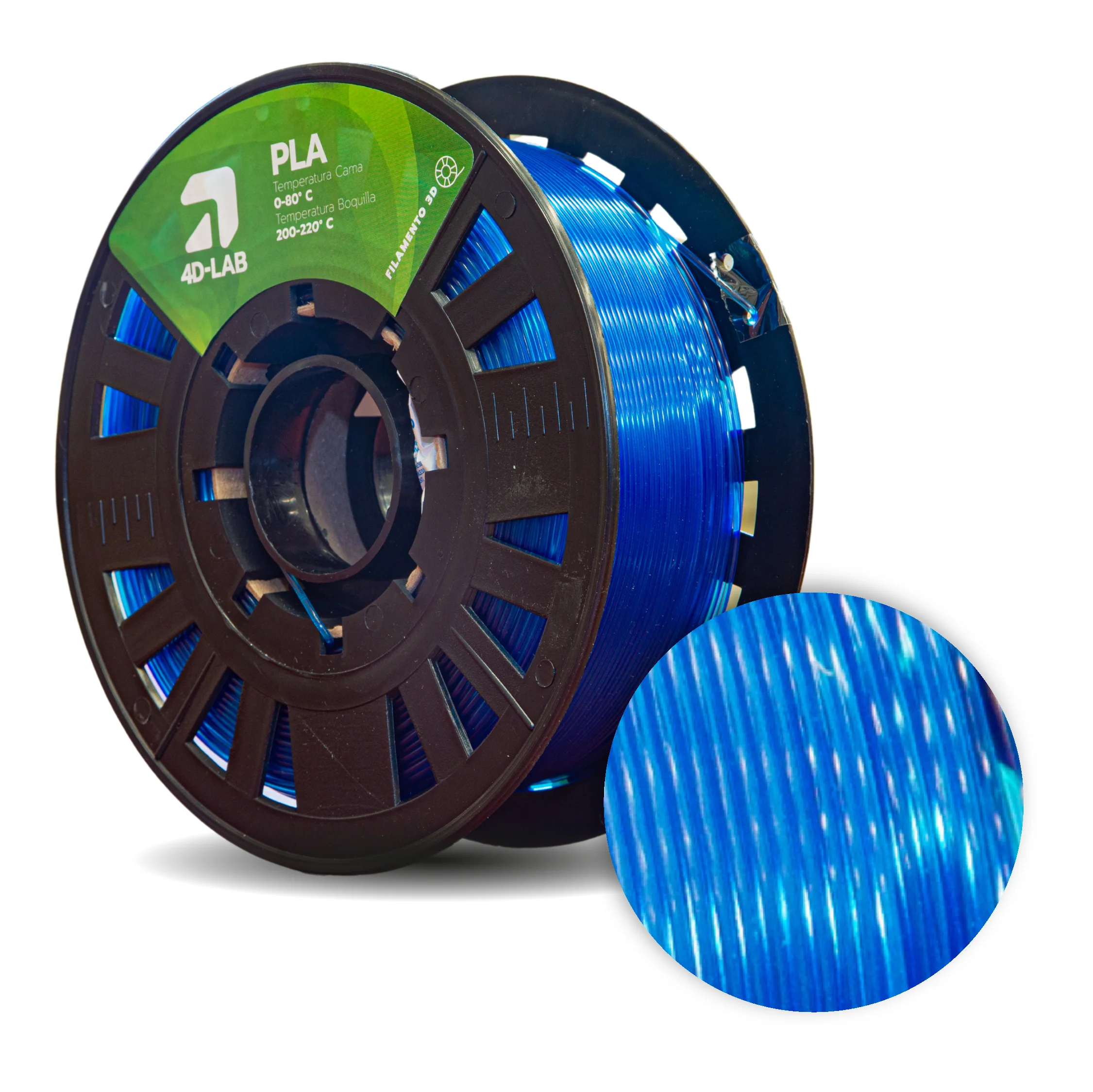 Bobina de filamento PLA azul traslúcido de 4DLAB, ideal para carcasas ópticas y botellas simuladas