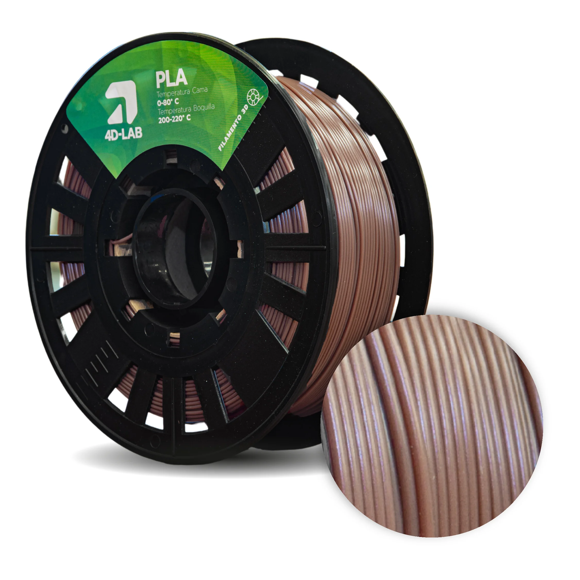 Carrete de filamento PLA color café de 4DLAB, ideal para figuras realistas y simulaciones de madera