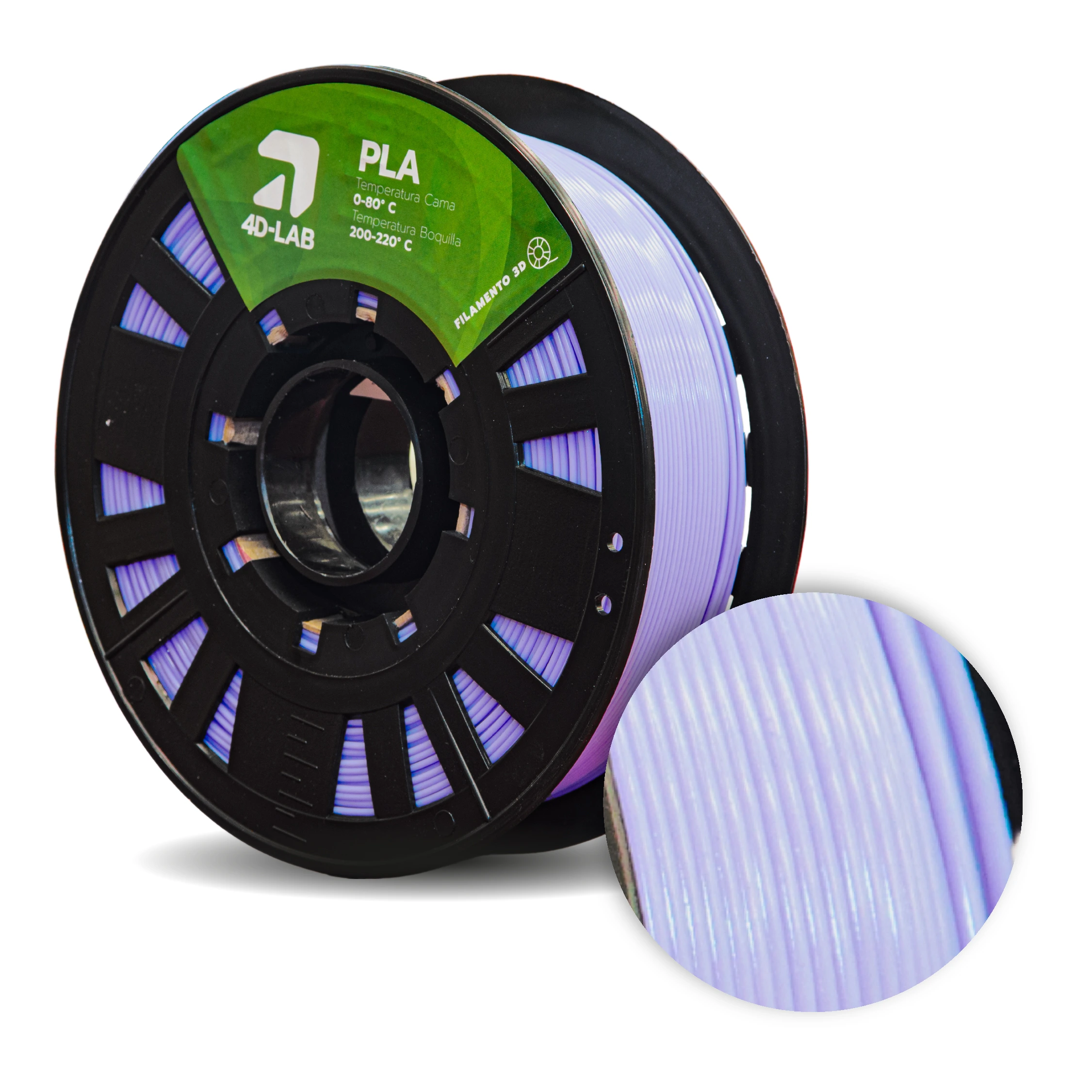 Carrete de filamento PLA color lila suave de la marca 4DLAB para impresiones estéticas de alta definición.