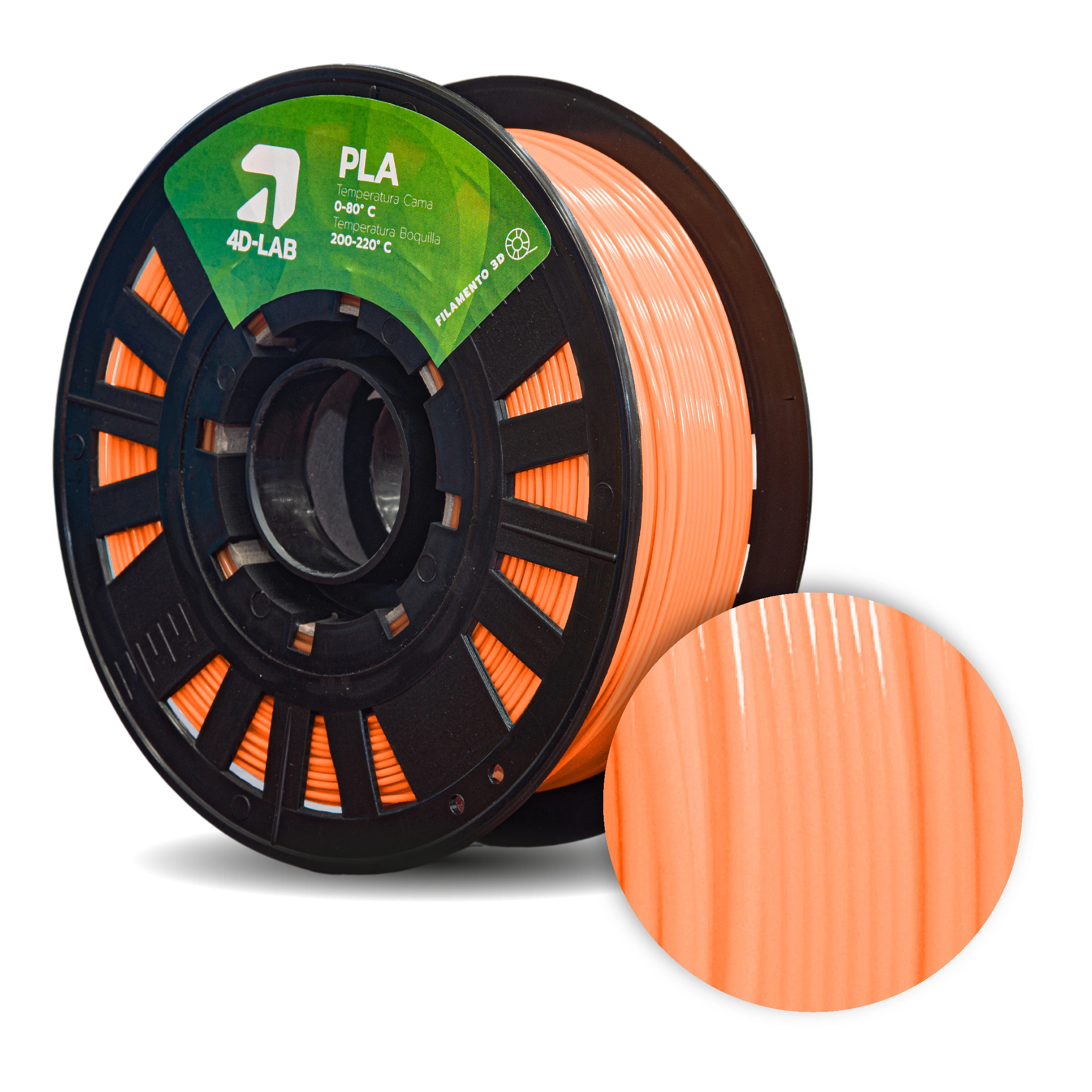 Bobina de filamento PLA naranja neón de 4DLAB, destacando su alta saturación y reflectividad visual
