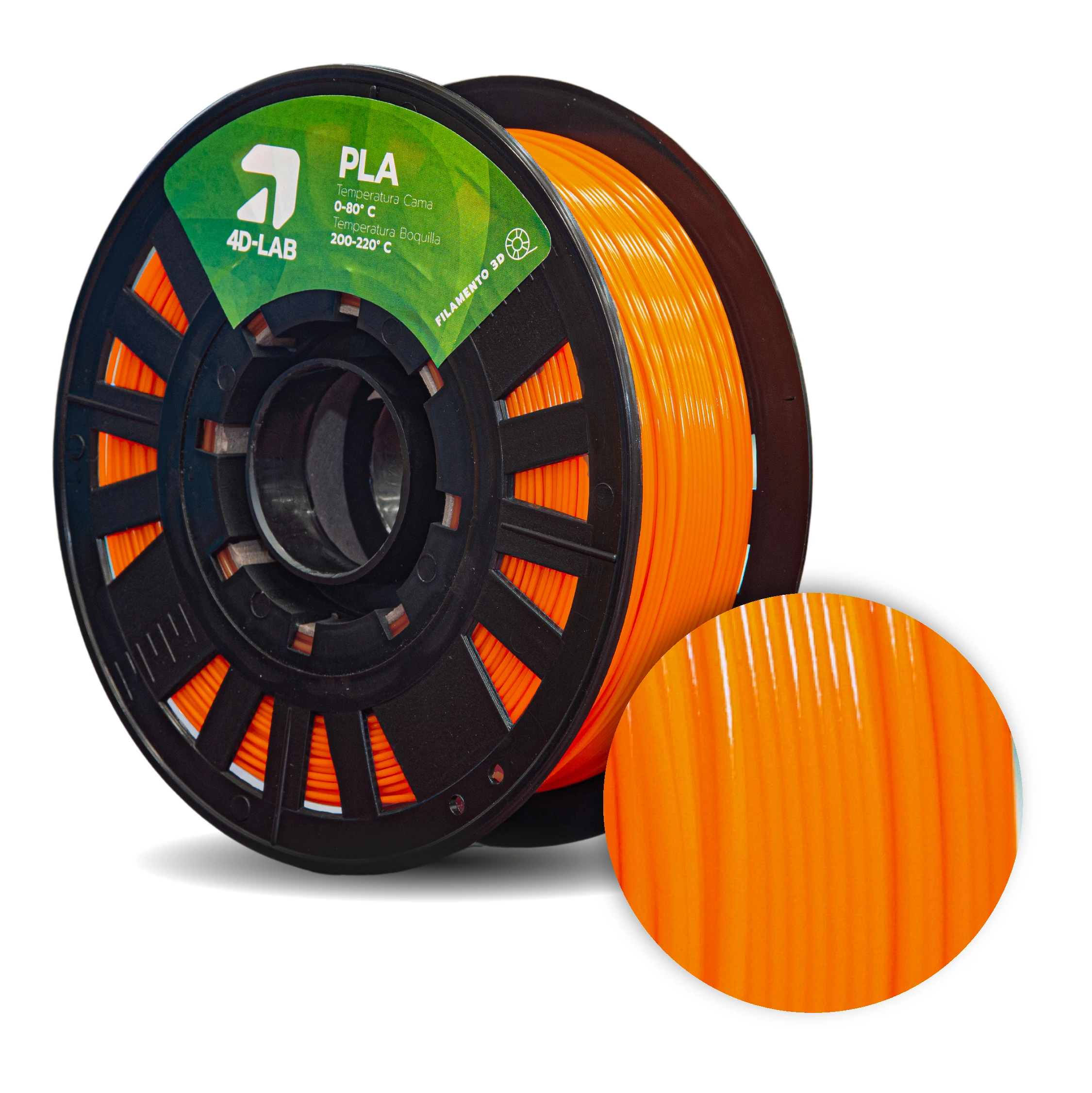 Filamento PLA color naranja estándar de 4DLAB, mostrando un color cálido homogéneo para maquetas