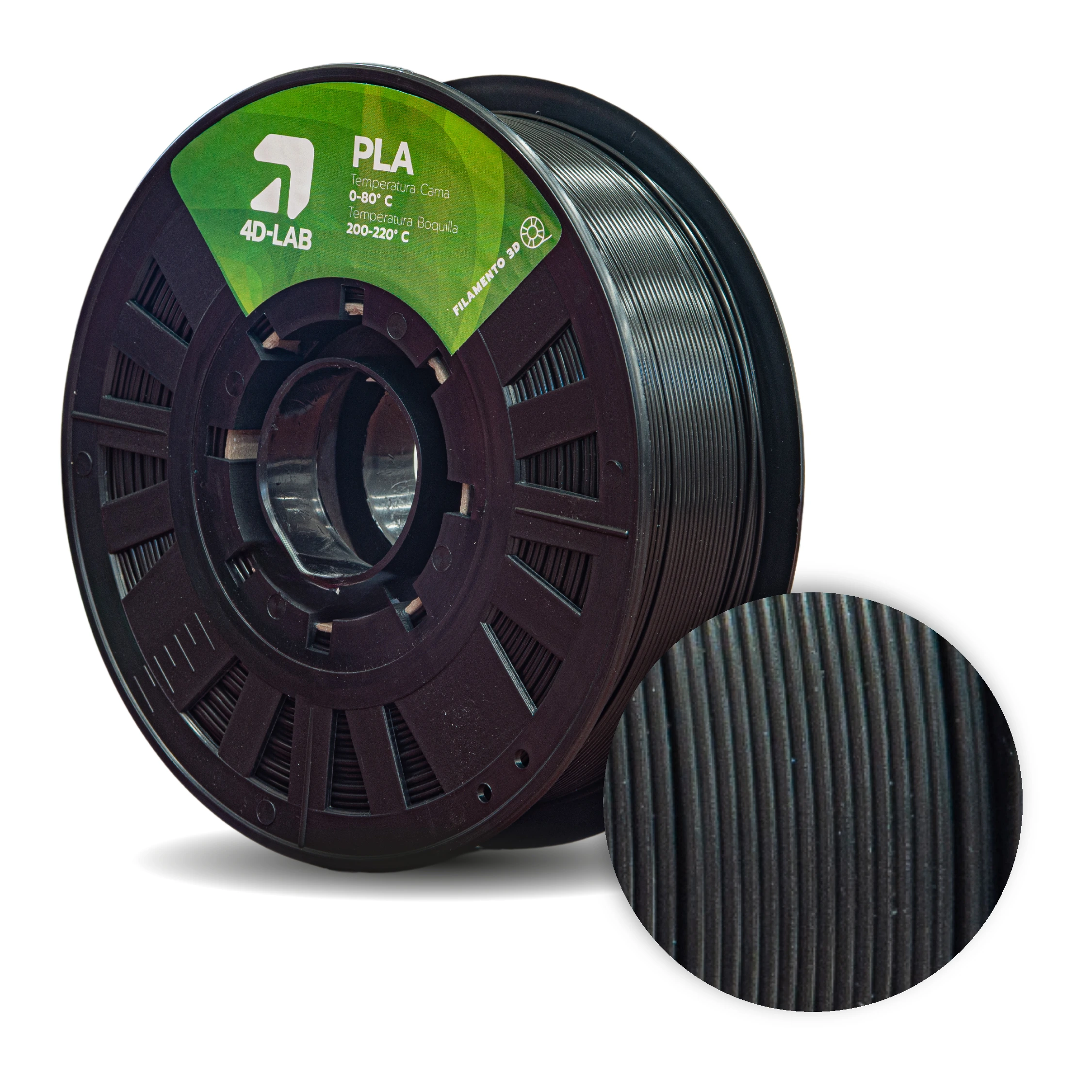 Carrete de PLA negro de alta opacidad de 4DLAB, ideal para componentes mecánicos visuales y carcasas