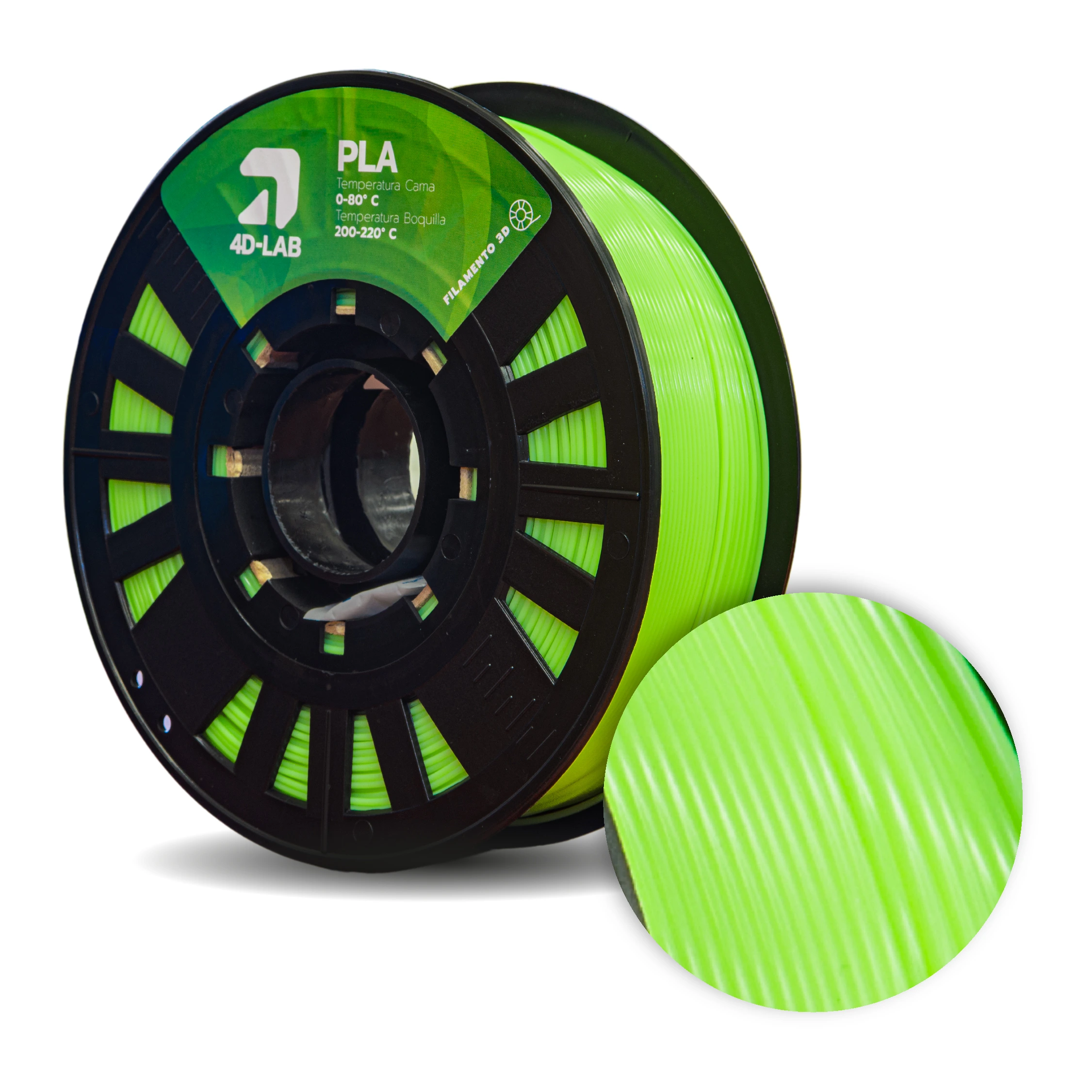 Bobina de filamento PLA color verde neón de 4DLAB, ideal para modelos llamativos y decorativos