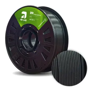 Bobina de filamento de polipropileno (PP) de la marca 4DLAB en color negro, mostrando su acabado satinado característico de alta resistencia al impacto