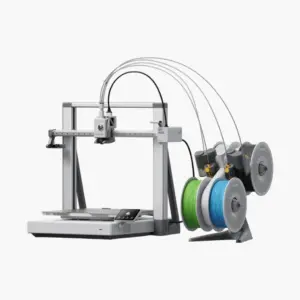 Vista general del kit Bambu Lab A2L Combo, mostrando la impresora de gran formato junto al módulo de gestión automática de filamento AMS instalado