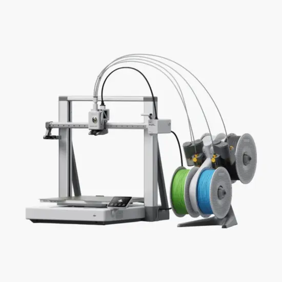 Vista general del kit Bambu Lab A2L Combo, mostrando la impresora de gran formato junto al módulo de gestión automática de filamento AMS instalado