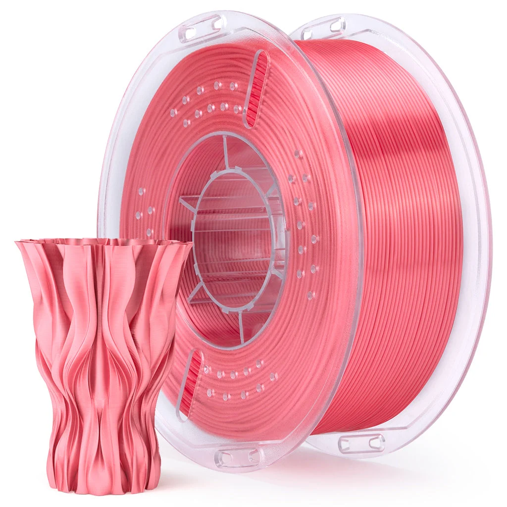 Carrete de filamento PLA Silk de la marca Elegoo en color rosa coral sedoso, destacando su carrete ecológico y brillo reflectante