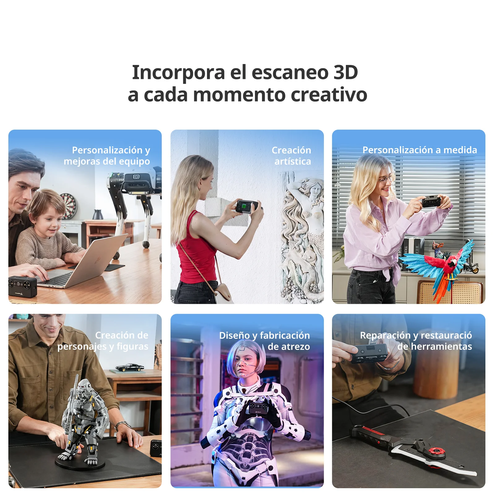 Collage con los principales escenarios de uso del Creality Pika: digitalización de piezas mecánicas, escaneo corporal, patrimonio cultural y modelado para impresión 3D