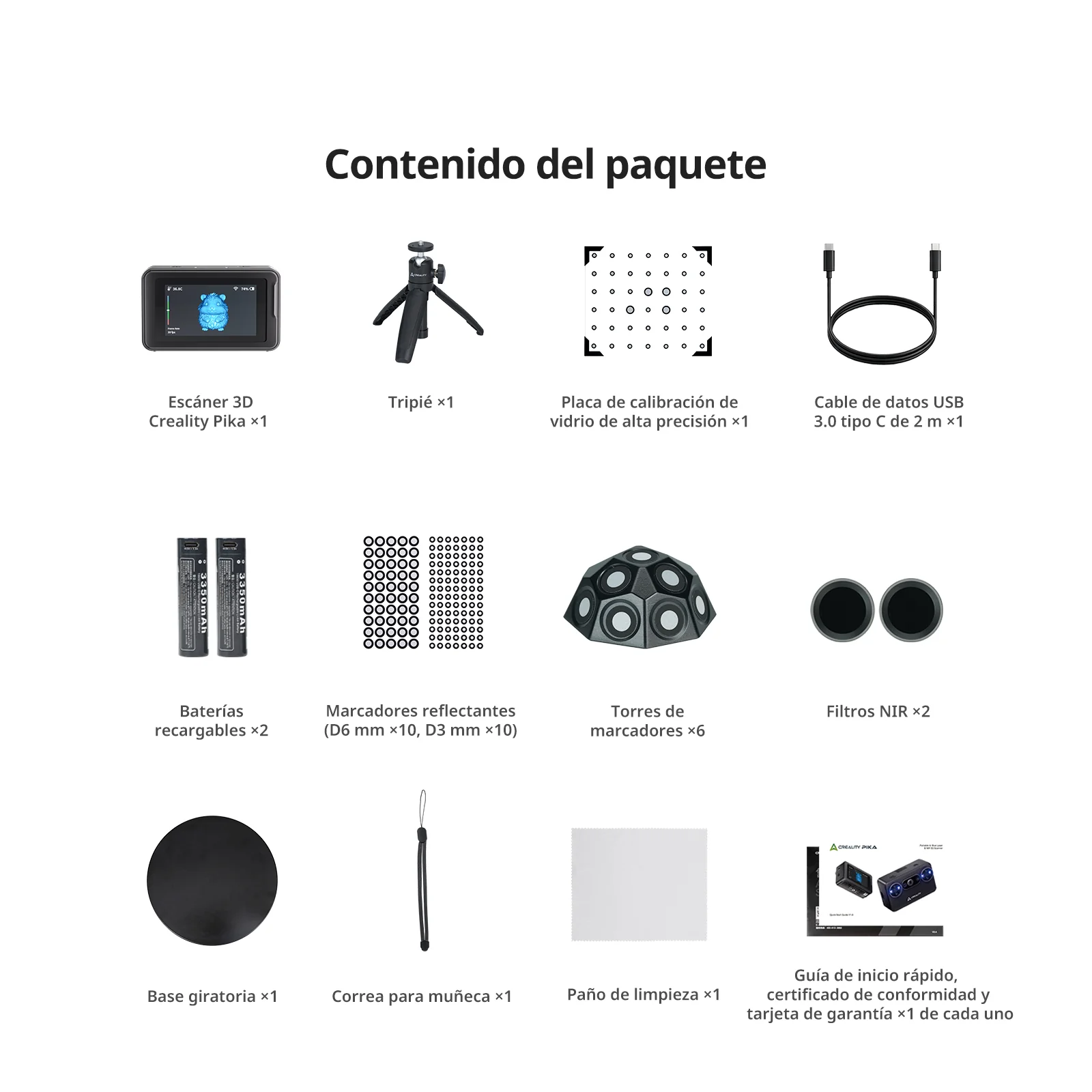 Fotografía del kit completo del Creality Pika, incluyendo el escáner, trípode, mesa giratoria, dos baterías, tarjeta de calibración, cables y filtros NIR