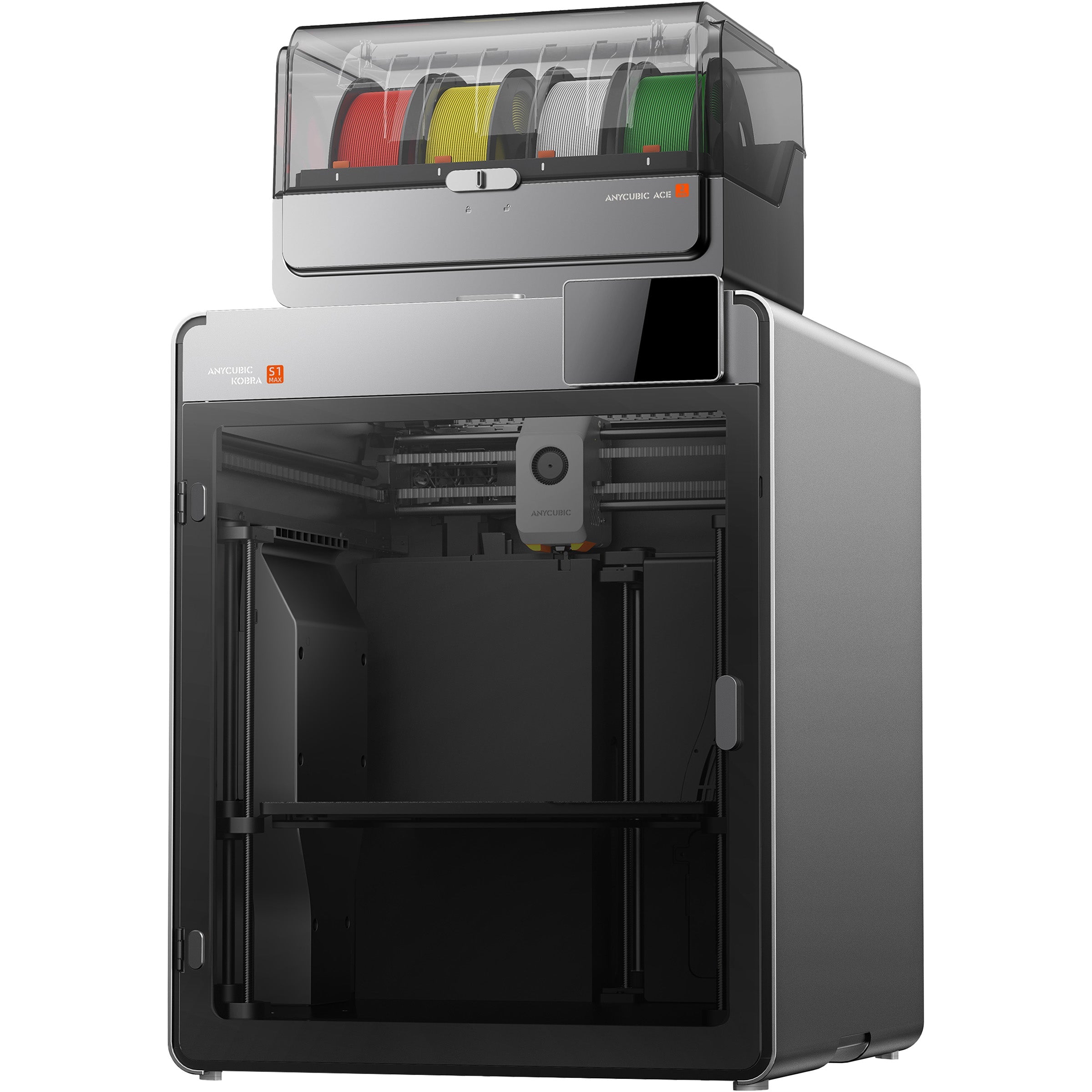 Perfil lateral de la Anycubic Kobra S1 Max mostrando su estructura de marco reforzado y la cámara cerrada para control térmico