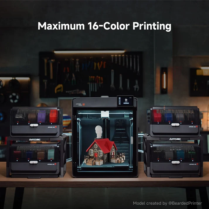 Muestrario de piezas complejas impresas con degradados y combinación multimaterial de hasta 16 colores conectando unidades ACE Pro en paralelo