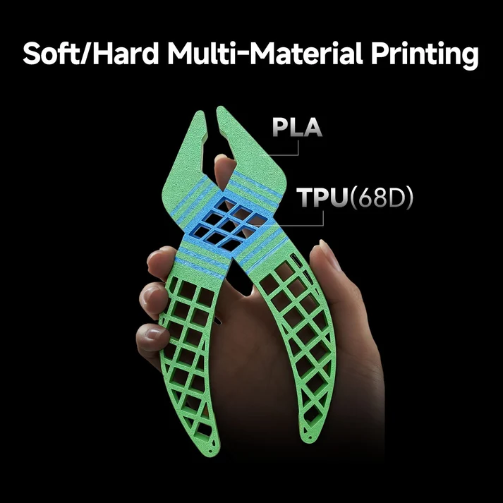 Muestrario de piezas fabricadas en diversos polímeros de ingeniería demostrando la versatilidad de la Anycubic Kobra X con distintos materiales
