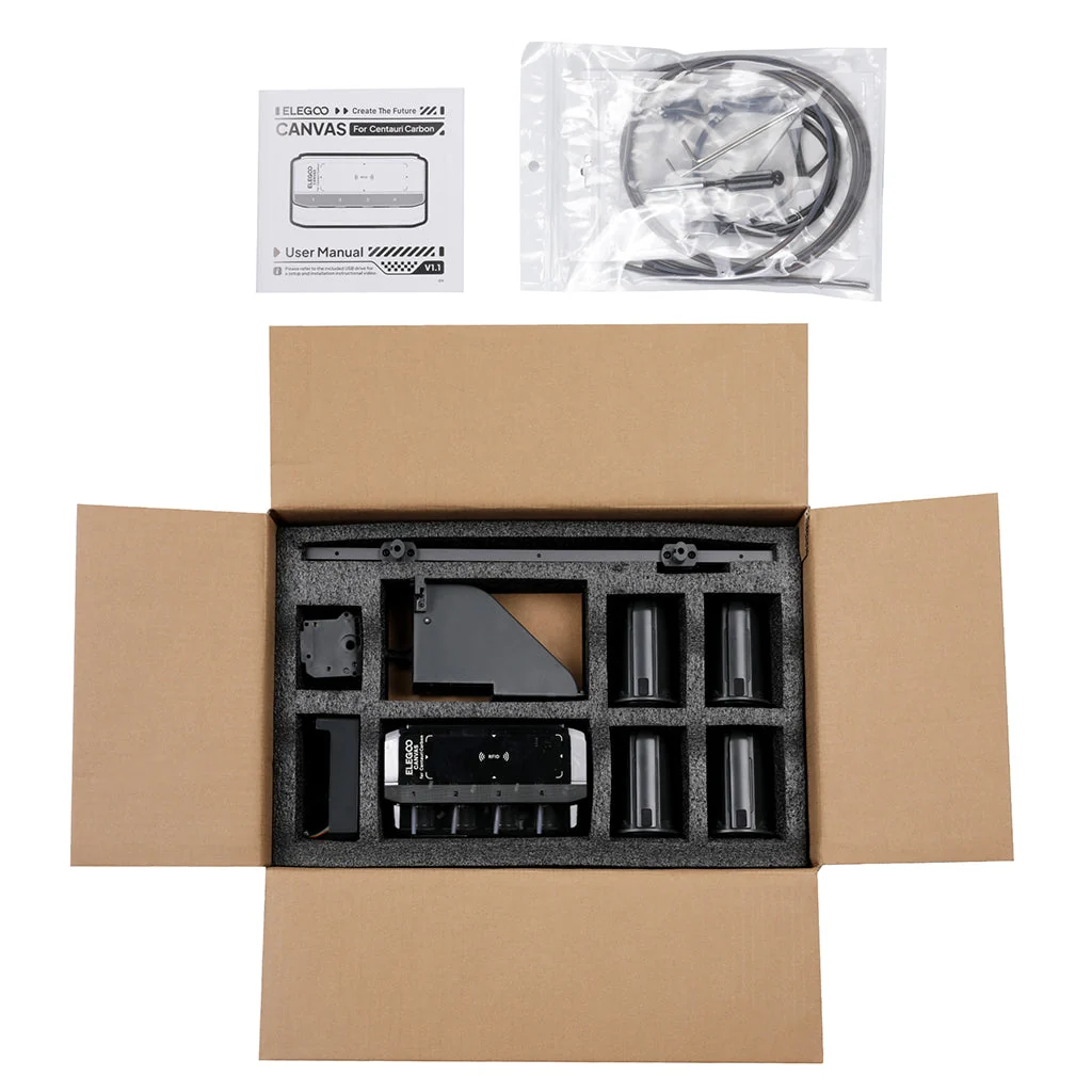 Vista exterior de la caja de empaque del módulo Elegoo Canvas con protecciones de espuma para transporte seguro