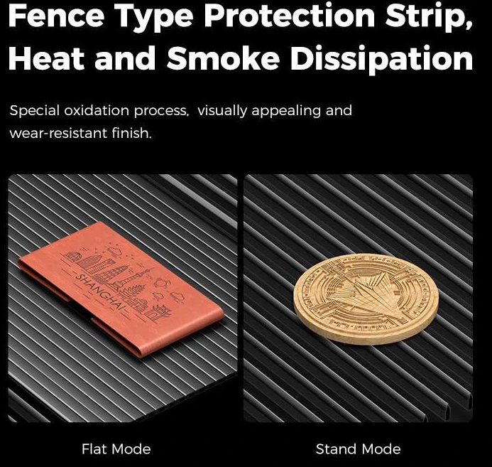 Detalle de la base con slats en formato de cerca (fence type protection) para sostener los materiales y evitar el rebotado del haz láser durante el corte