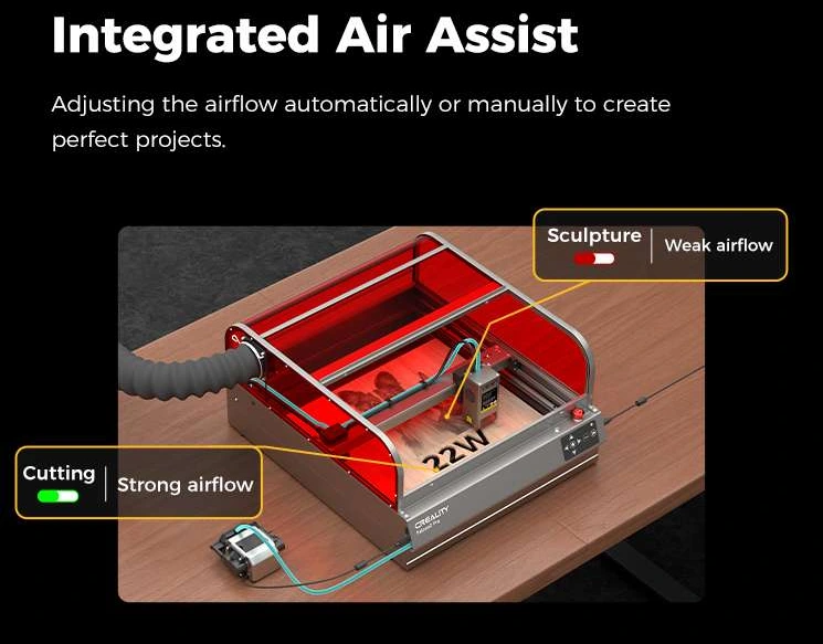 Flujo de aire de la bomba Air Assist sobre el punto focal del láser de 22W para remover residuos y evitar marcas de quemado en la superficie