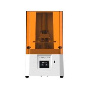 Vista frontal completa de la impresora 3D de resina Creality HALOT X1 Neo con chasis compacto de escritorio y cubierta naranja filtrante UV