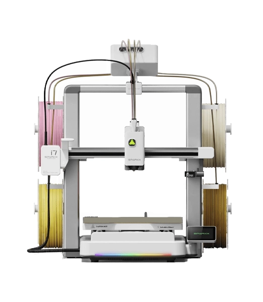 Vista frontal completa de la impresora 3D Sparkx i7 Nano Combo con el sistema de alimentación multimaterial CFS NANO