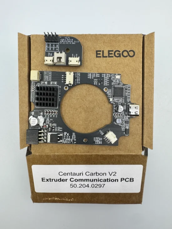Placa de comunicación del extrusor para Elegoo Centauri Carbon 2, mostrando sus conectores para ventiladores, termistor y hotend