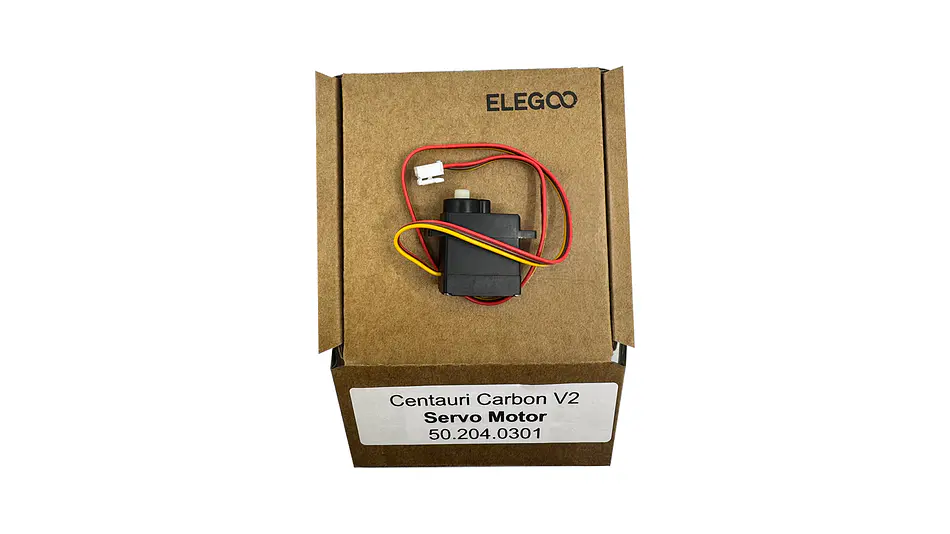 Presentación del servomotor para Elegoo Centauri Carbon 2 dentro de su caja de protección original Elegoo para transporte seguro